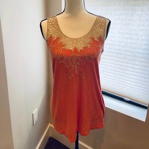 Anthropologie Coral Tank Top with Lace Crochet Details and Floral Embroidery